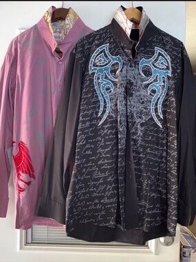 Bundle (2) MONDO Mens 4XL Shirt Embroidered Graphic Button Ups Black Pink
